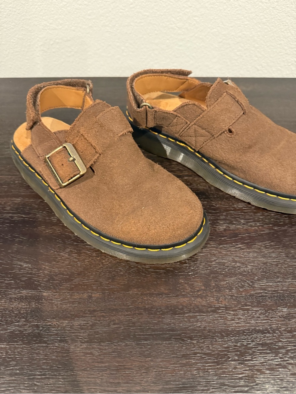 Dr. Martens womens Brown Suede Doc Martin Buckle Clog with Yellow Stitching